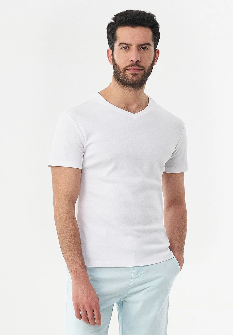 Geripptes T-Shirt aus Bio-Baumwolle mit V-Ausschnitt