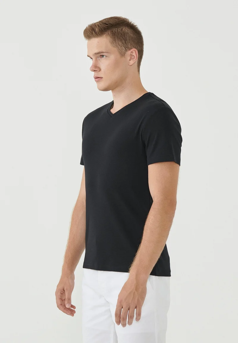 Geripptes T-Shirt aus Bio-Baumwolle mit V-Ausschnitt