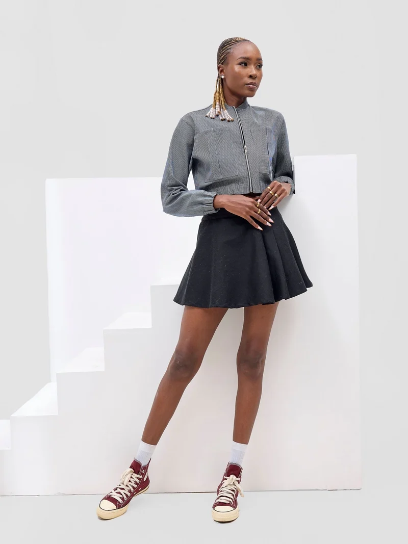 Zoya X Metamorphisized 143 Cropped Bomber Jacket - Denim Stripes