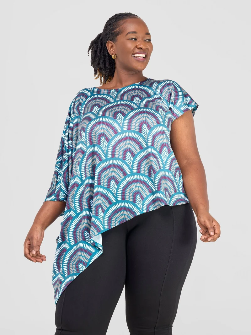 Vivo Nkasi Asymmetrical Top - Teal / Burgundy Kasi Print