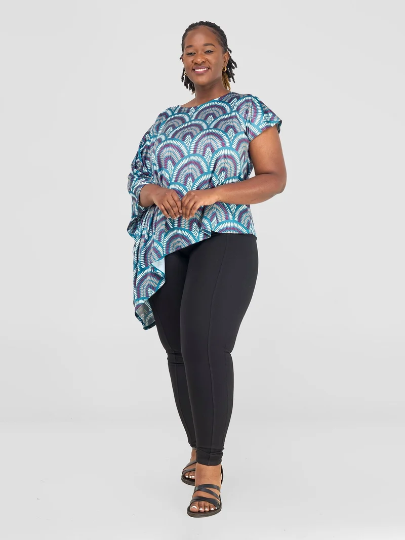Vivo Nkasi Asymmetrical Top - Teal / Burgundy Kasi Print