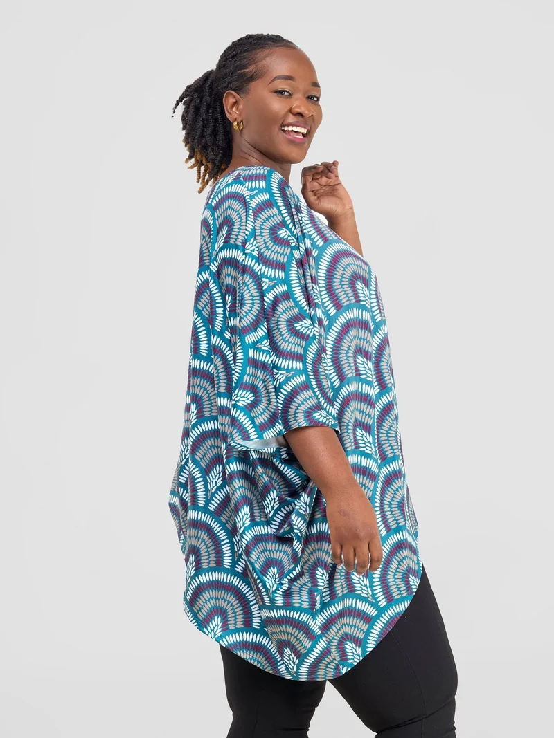 Vivo Nkasi Asymmetrical Top - Teal / Burgundy Kasi Print
