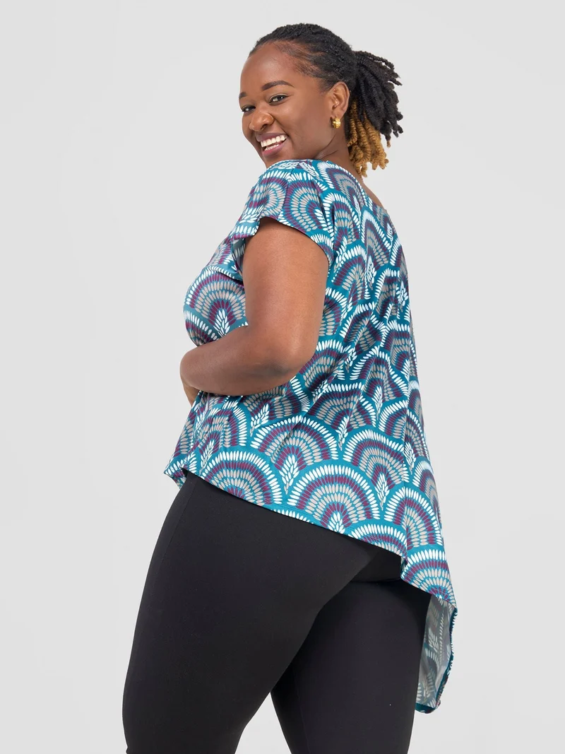 Vivo Nkasi Asymmetrical Top - Teal / Burgundy Kasi Print
