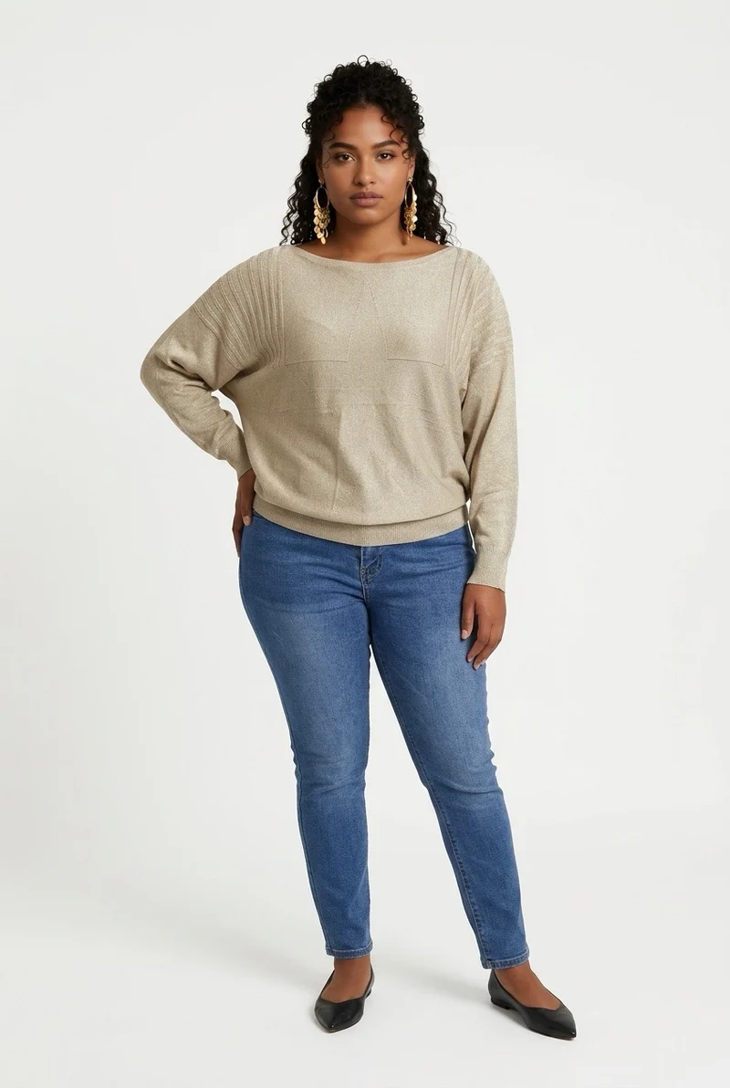 Stylish Sisters Ribbed Batwing-Sleeve Sweater Top - Beige