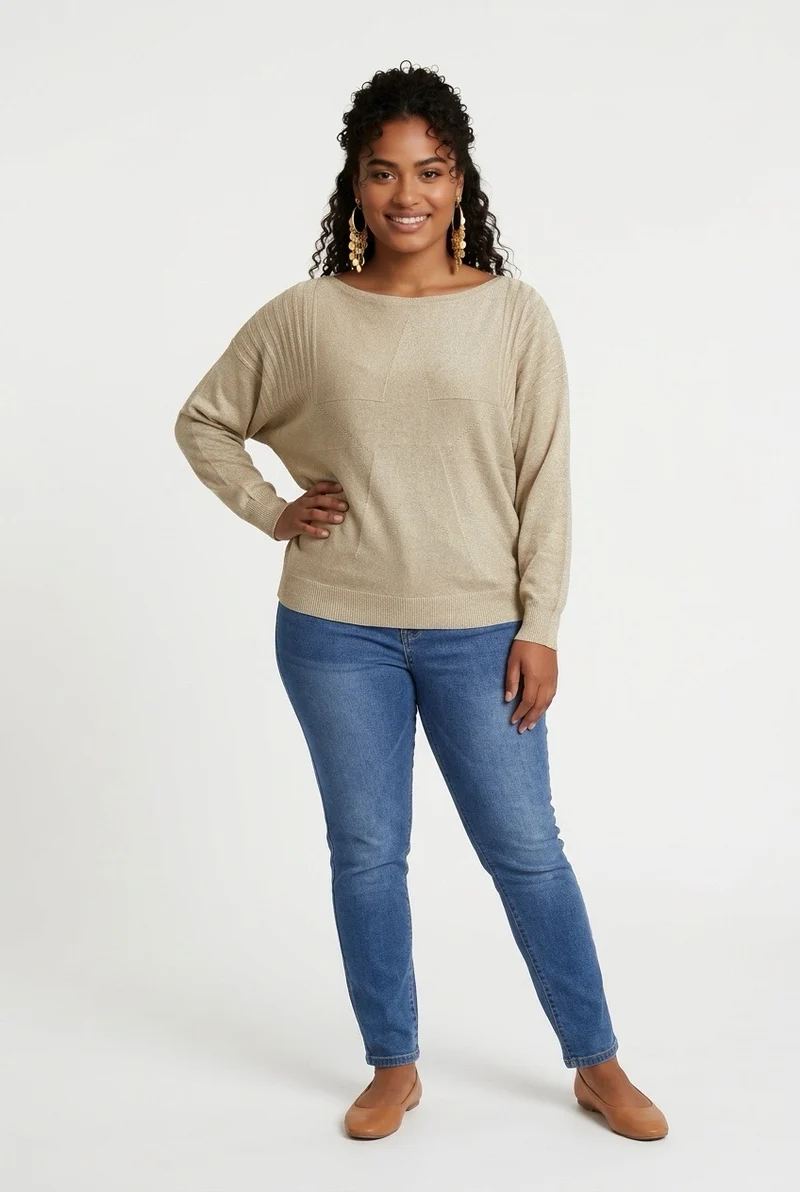 Stylish Sisters Ribbed Batwing-Sleeve Sweater Top - Beige