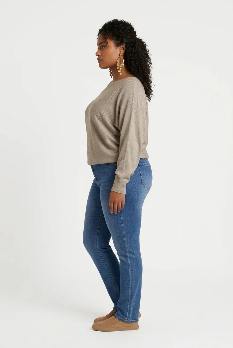 Stylish Sisters Ribbed Batwing-Sleeve Sweater Top - Beige
