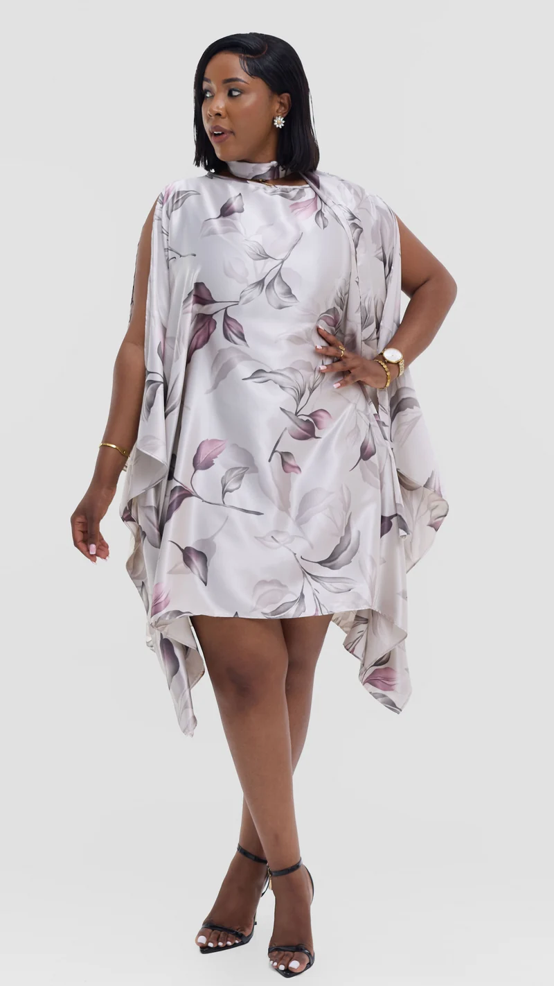 Vivo Knee Length Kaftan in Satin - Dark Purple / Cream Print