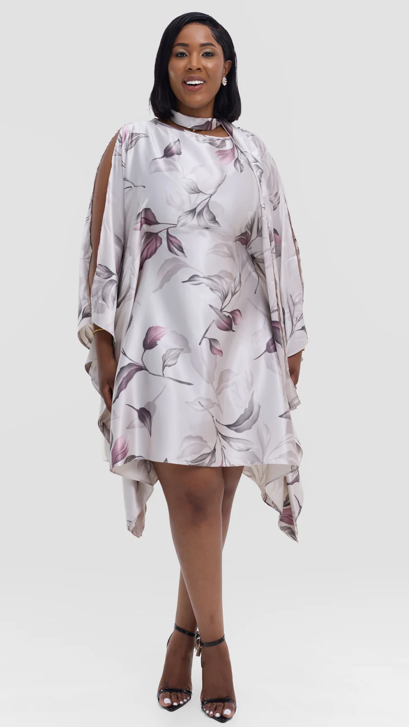 Vivo Knee Length Kaftan in Satin - Dark Purple / Cream Print