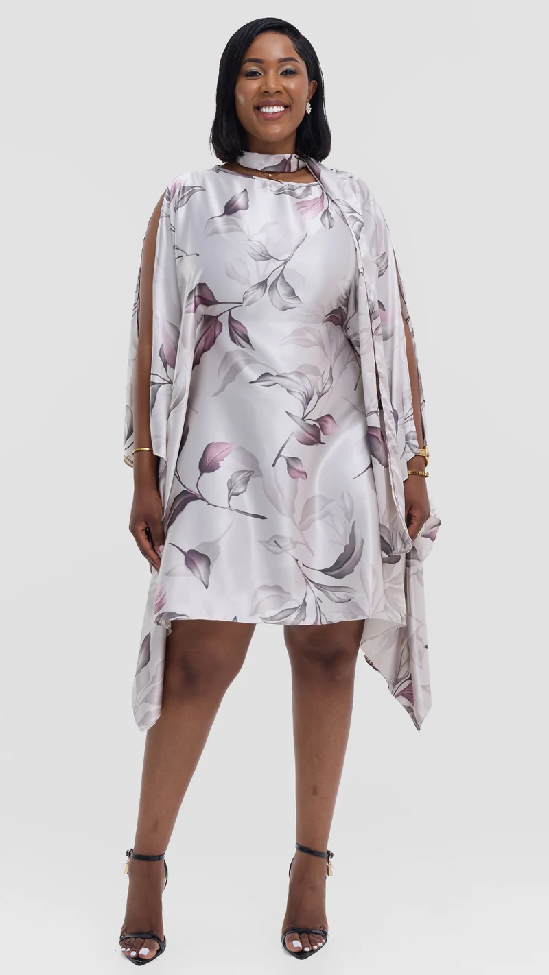 Vivo Knee Length Kaftan in Satin - Dark Purple / Cream Print