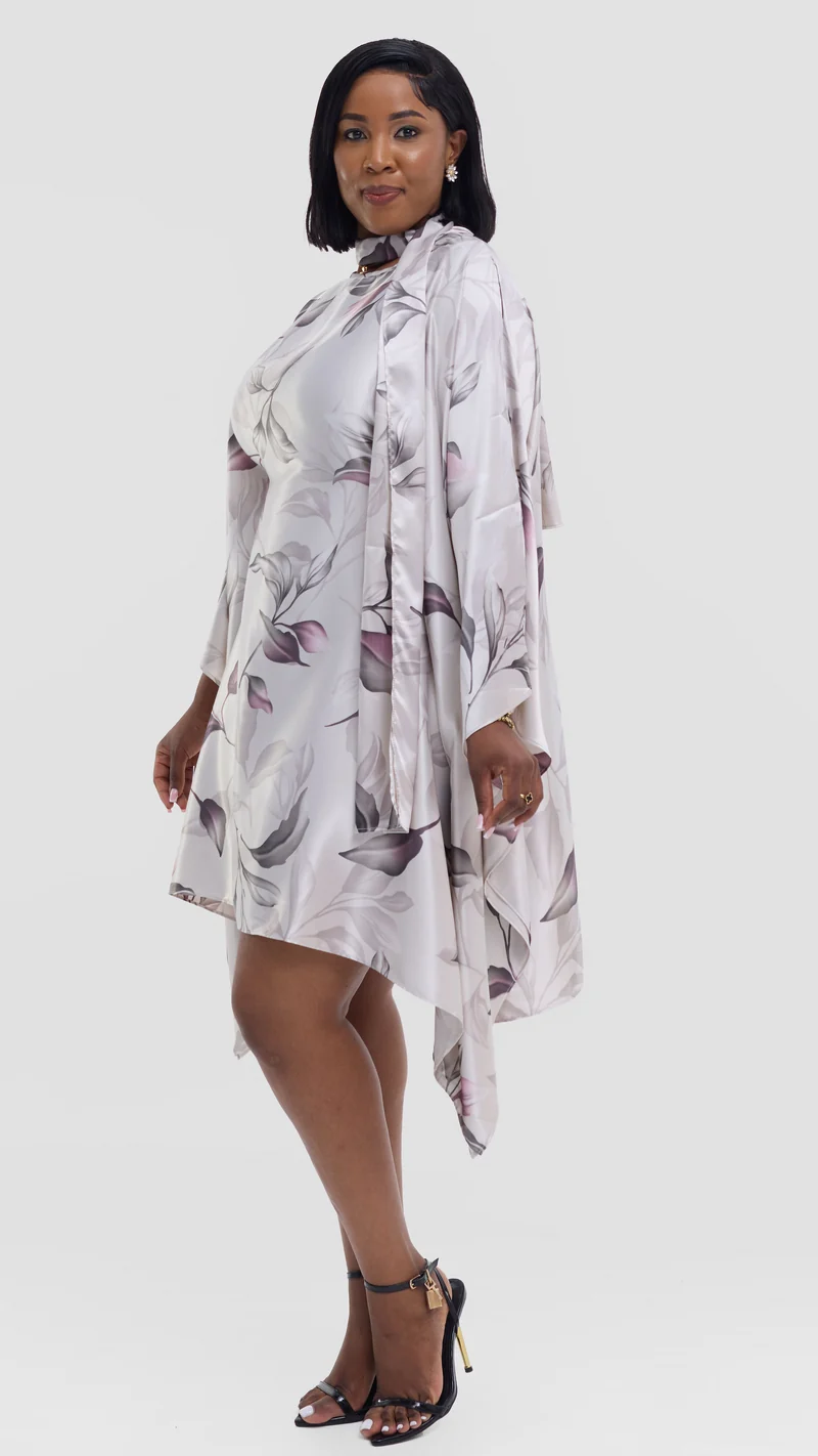 Vivo Knee Length Kaftan in Satin - Dark Purple / Cream Print