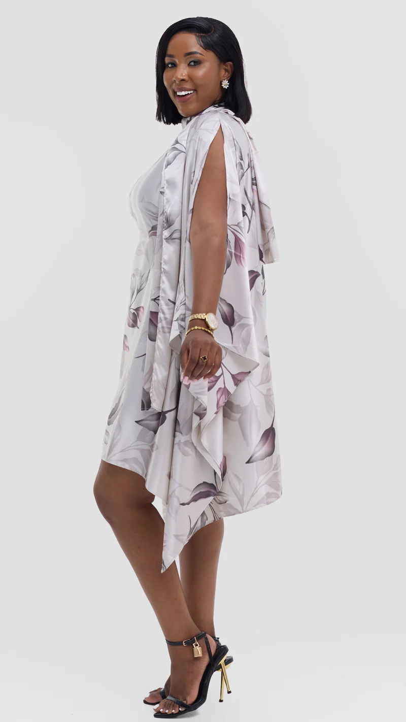 Vivo Knee Length Kaftan in Satin - Dark Purple / Cream Print