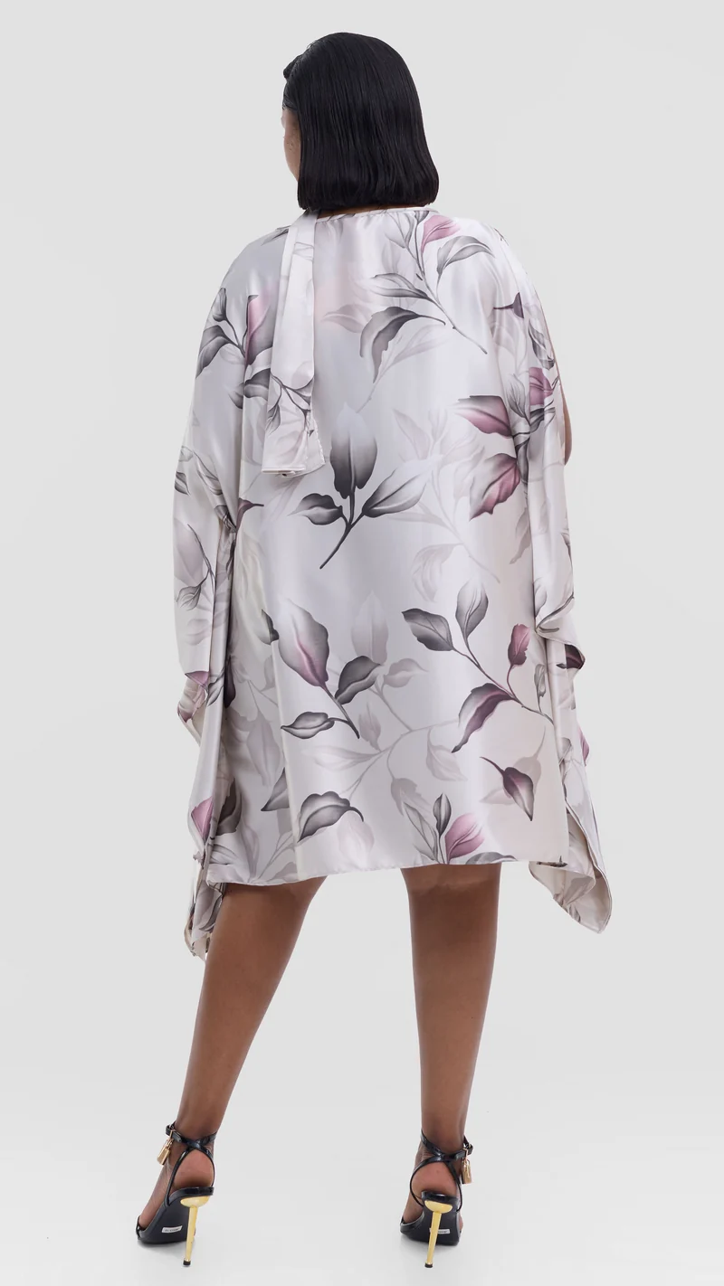 Vivo Knee Length Kaftan in Satin - Dark Purple / Cream Print