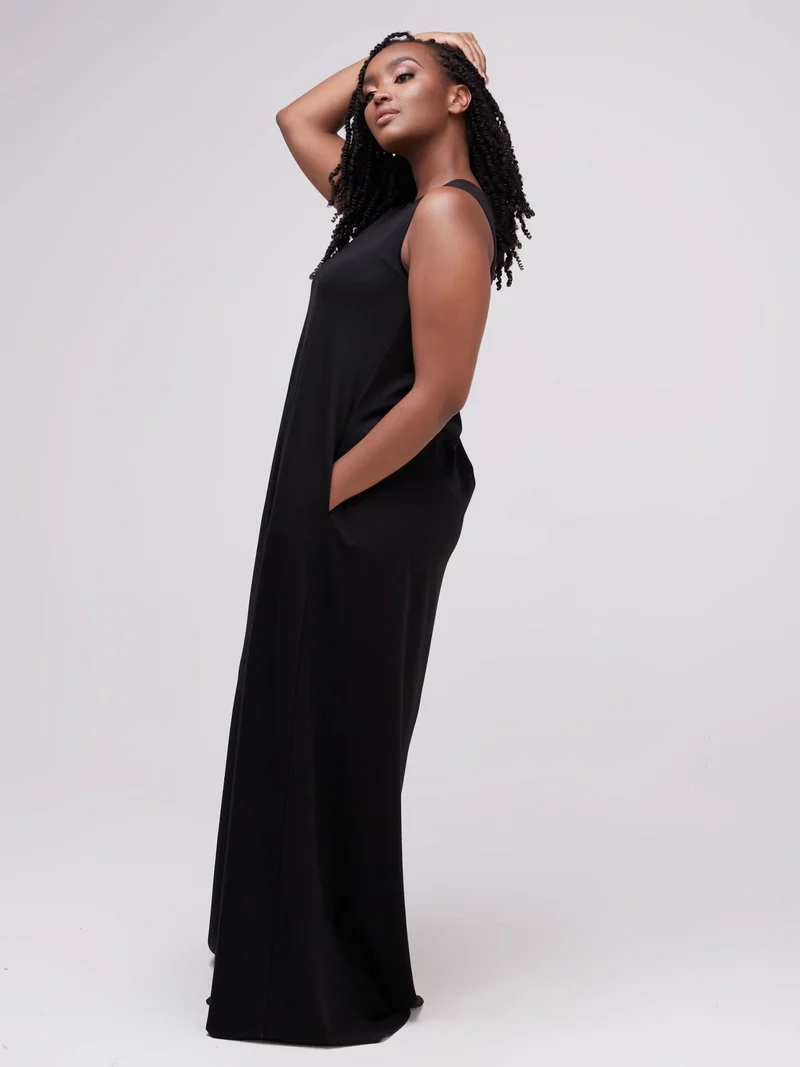 Vivo Ponte Back Pleat Maxi Dress - Black
