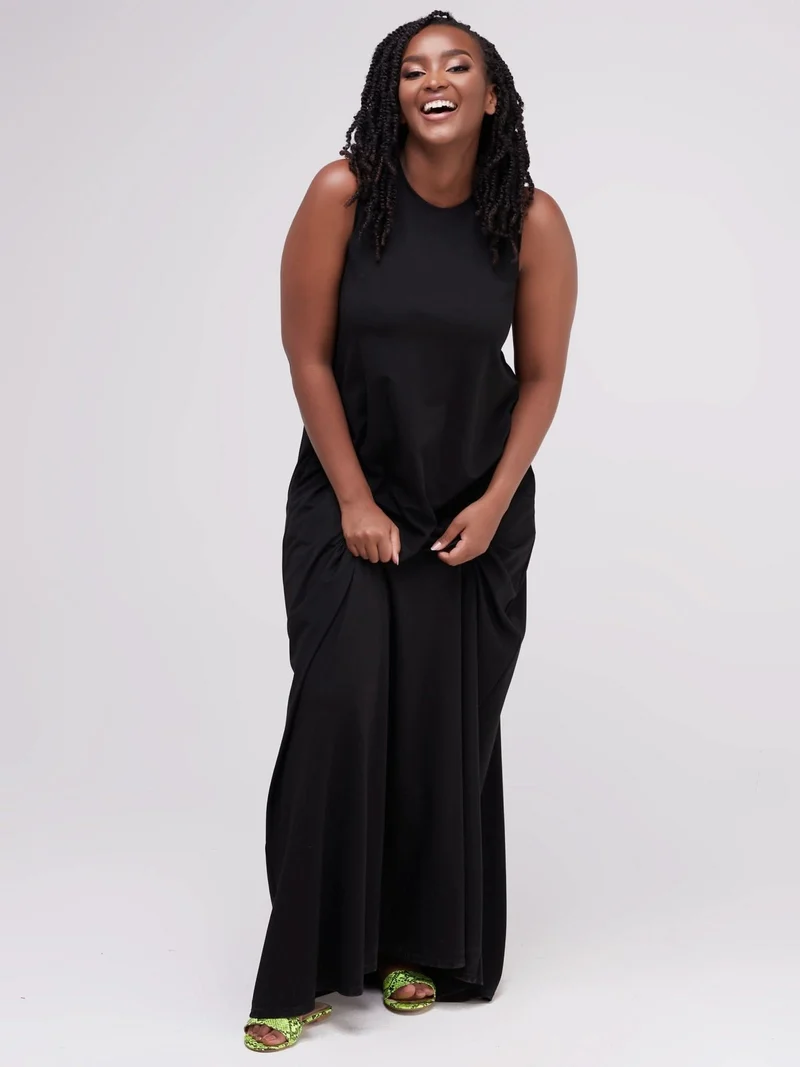 Vivo Ponte Back Pleat Maxi Dress - Black