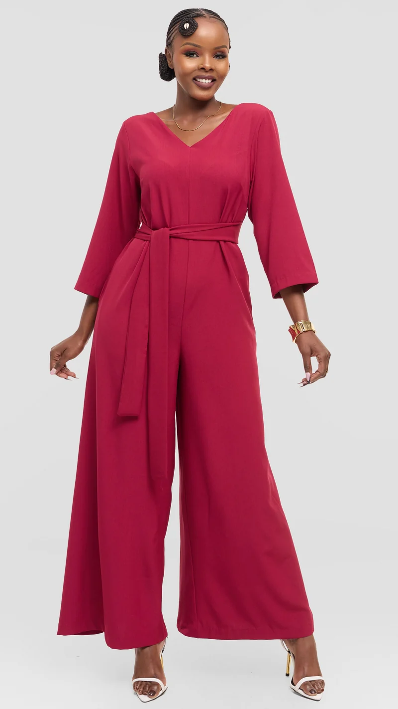Vivo Diella V-Neck Jumpsuit in Crepe - Maroon