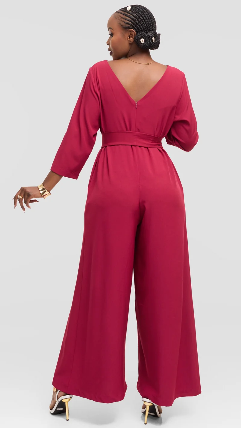 Vivo Diella V-Neck Jumpsuit in Crepe - Maroon