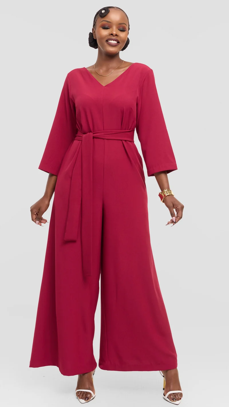 Vivo Diella V-Neck Jumpsuit in Crepe - Maroon