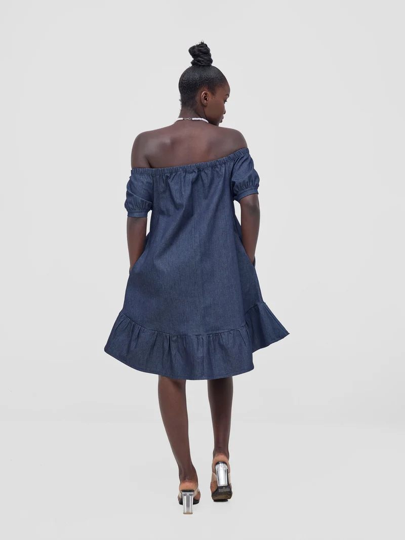 Zoya Nia Off Shoulder Knee Length Dress - Navy Blue