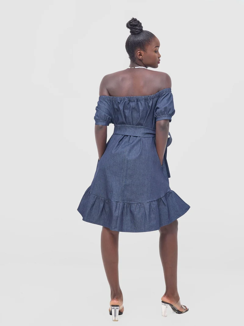 Zoya Nia Off Shoulder Knee Length Dress - Navy Blue