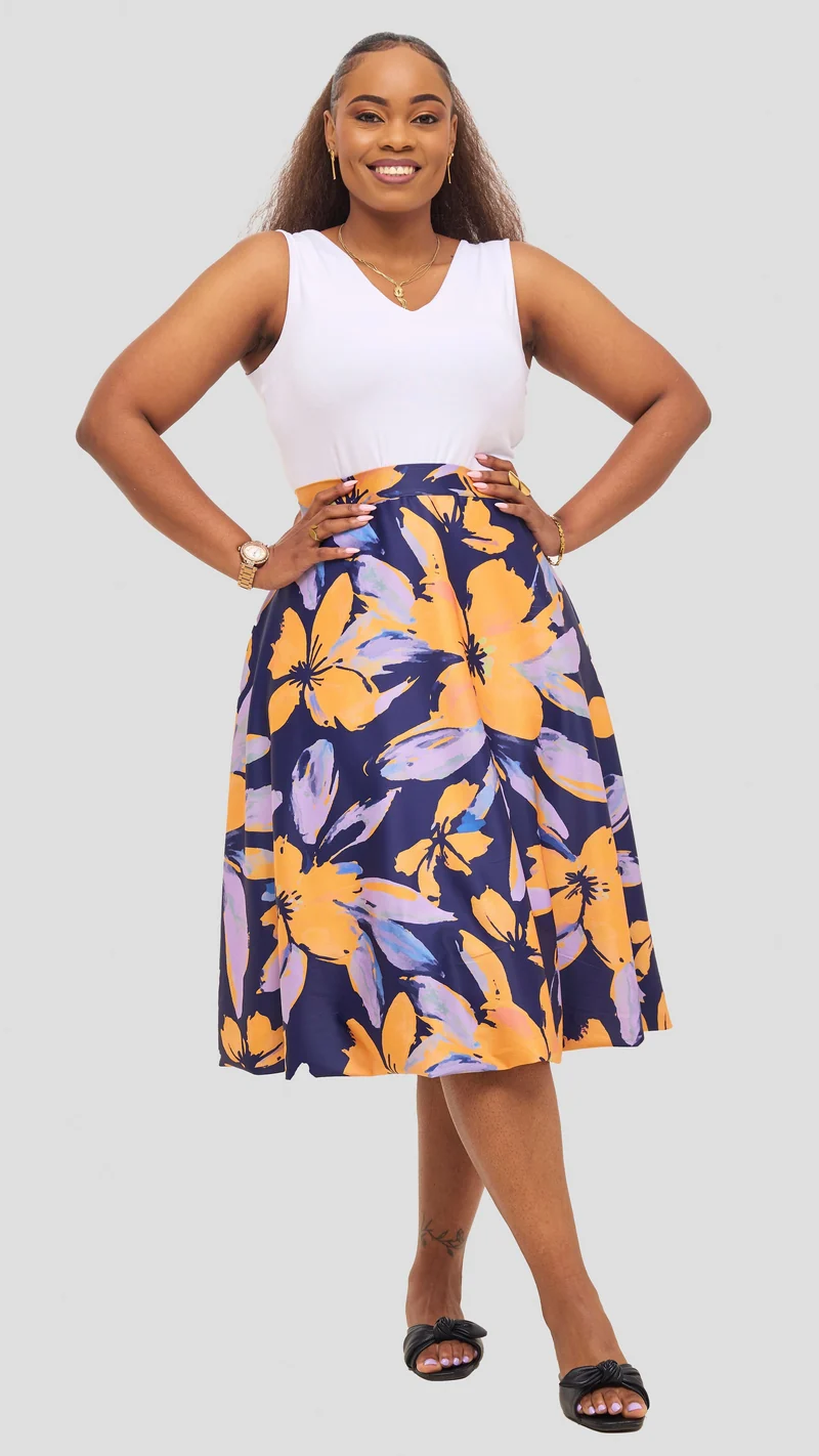 Vivo Iyana Bubble Midi Skirt - Yellow / Lilac Iya Print