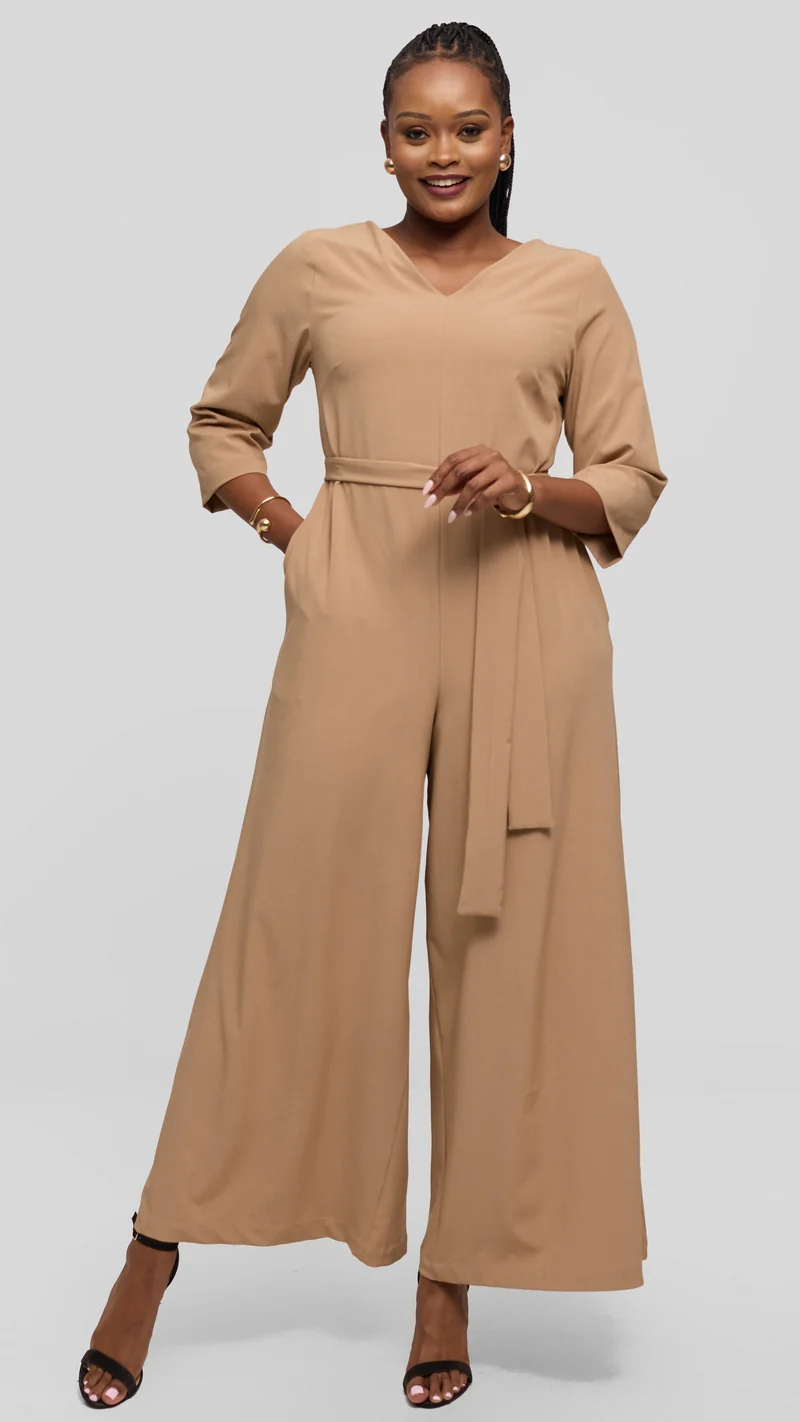 Vivo Diella V-Neck Jumpsuit in Crepe - Taupe