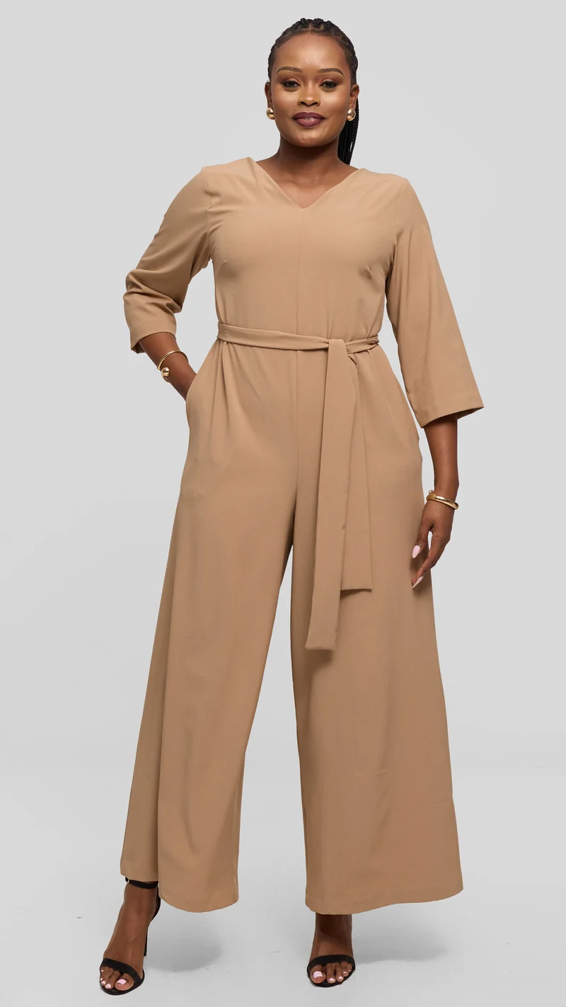 Vivo Diella V-Neck Jumpsuit in Crepe - Taupe