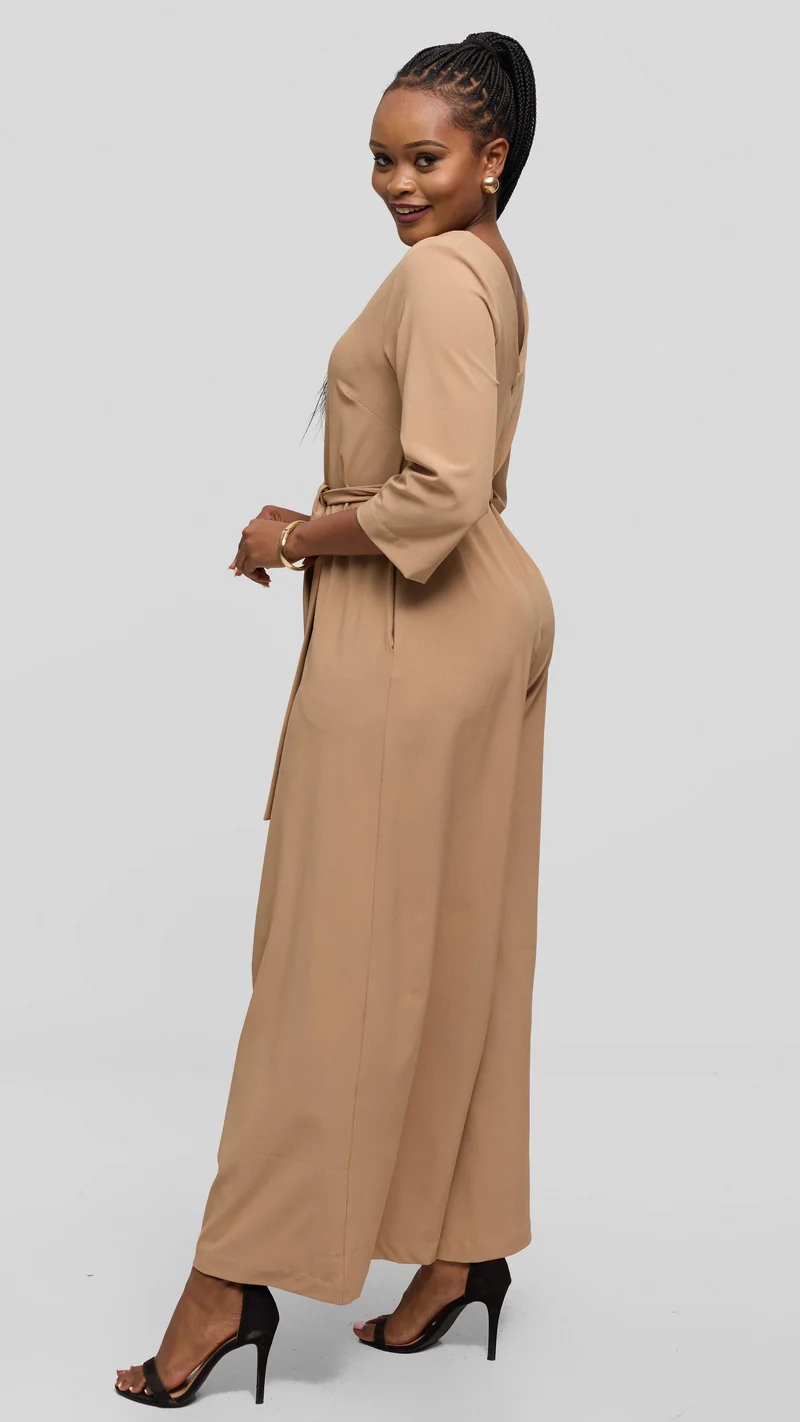 Vivo Diella V-Neck Jumpsuit in Crepe - Taupe