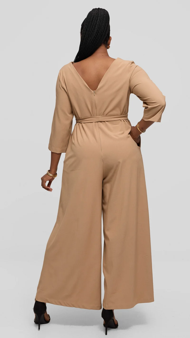 Vivo Diella V-Neck Jumpsuit in Crepe - Taupe