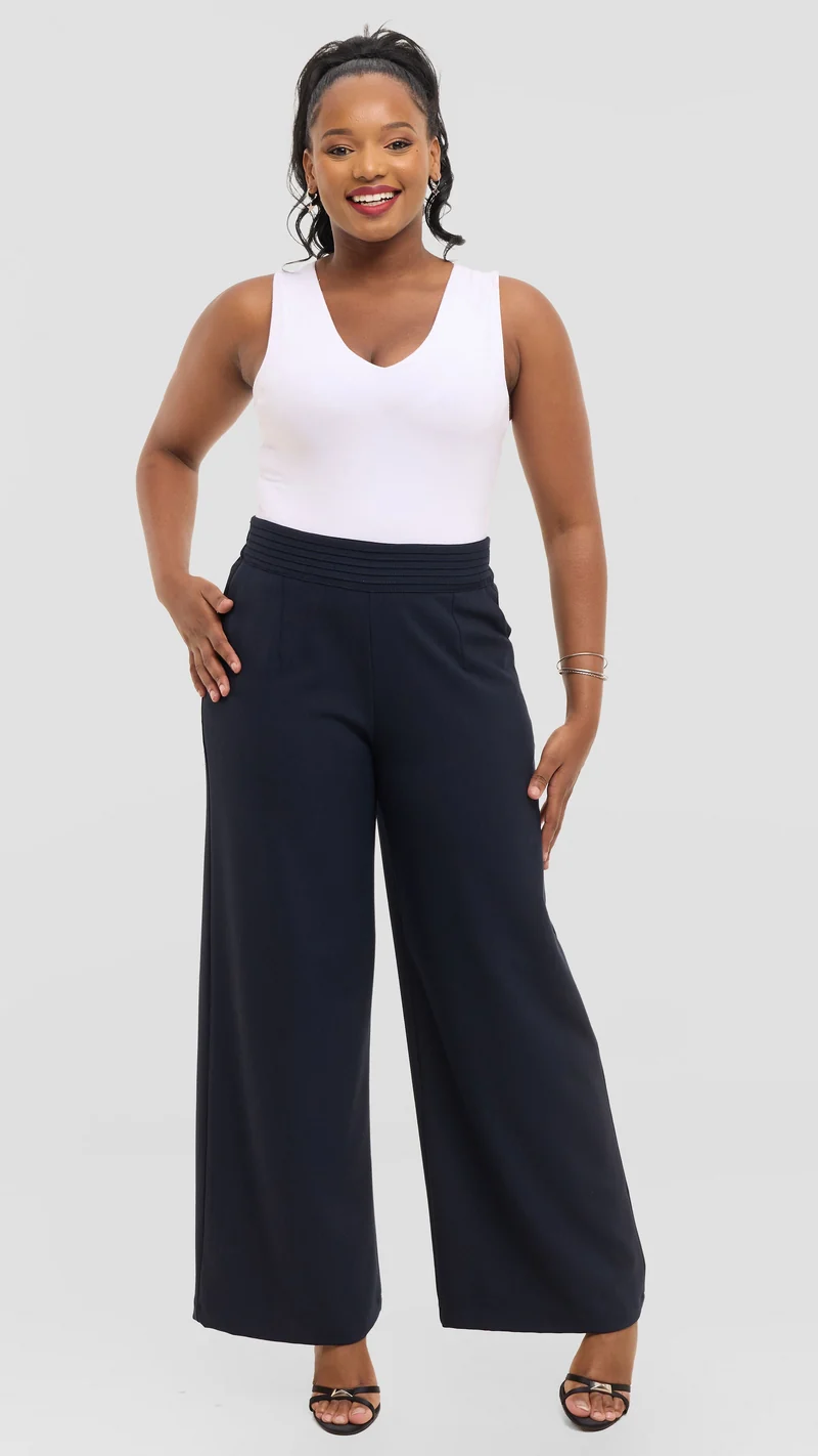 Vivo Pintuck Waist Pants in Crepe - Navy