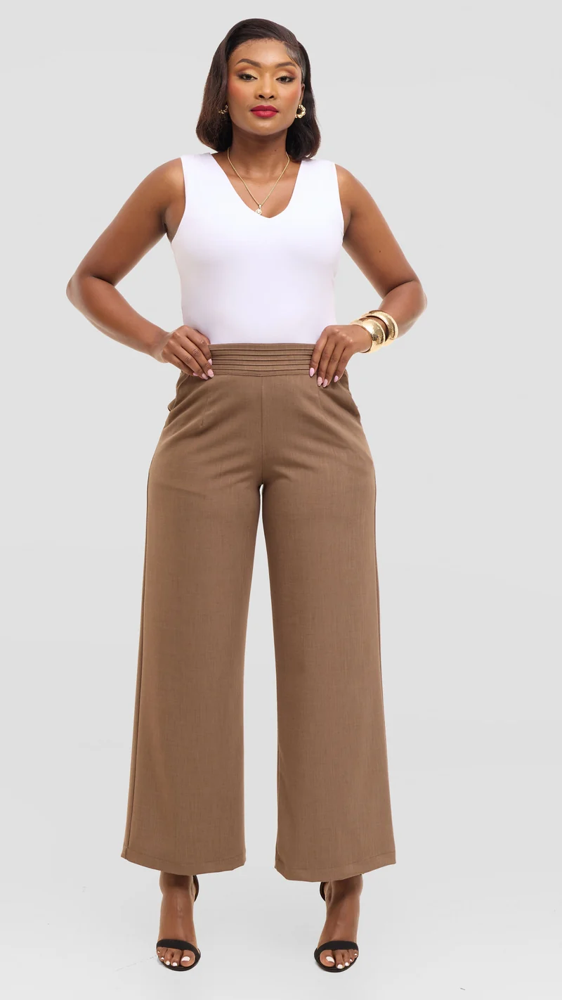 Vivo Pintuck Waist Pants in Crepe - Taupe