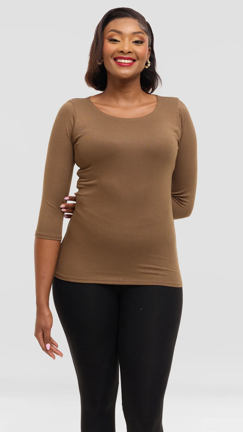 Vivo Scooped Neck Top in Jersey - Dark Tan