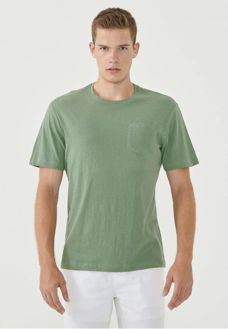 T-Shirt aus Bio-Baumwolle und Leinen mit Brusttasche