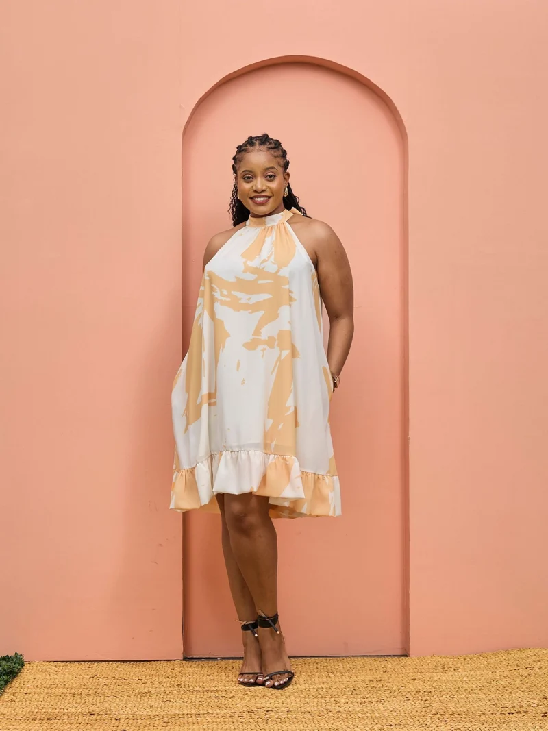 Vivo Beali Baby Doll Dress - Off White / Gold Lea Print