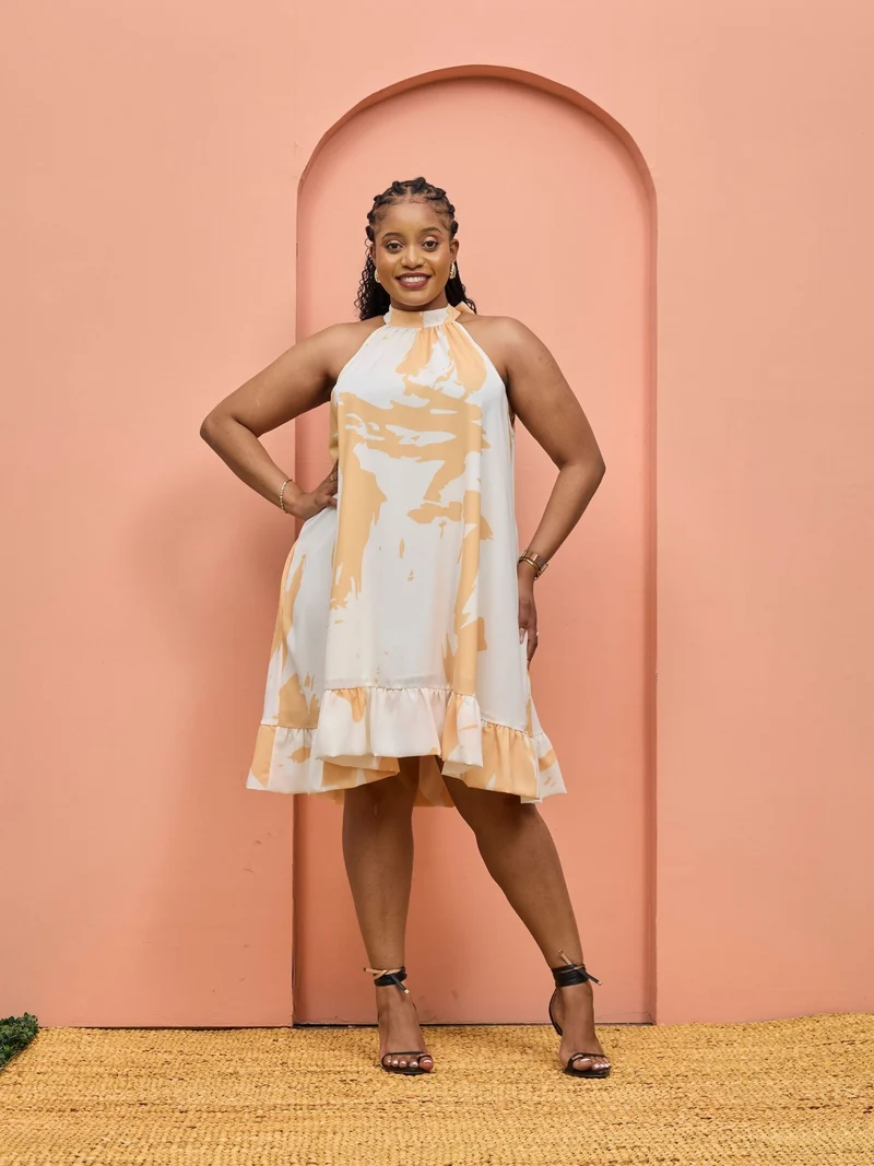 Vivo Beali Baby Doll Dress - Off White / Gold Lea Print