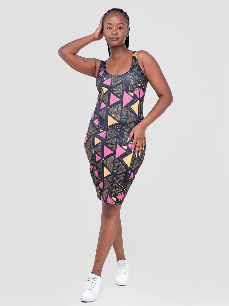 Zoya Essentials Midi Bodycon - Black / Purple Geometric Print