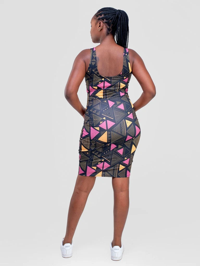 Zoya Essentials Midi Bodycon - Black / Purple Geometric Print