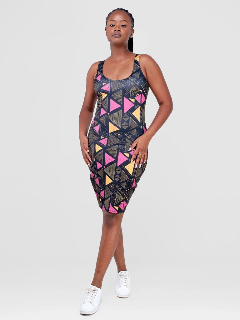 Zoya Essentials Midi Bodycon - Black / Purple Geometric Print