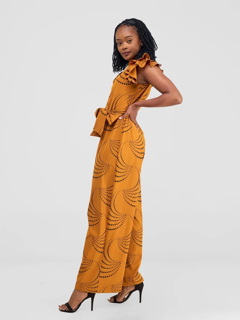Vivo Nasinka Ruffle Sleeve Jumpsuit - Dark Mustard / Black Sinka Print