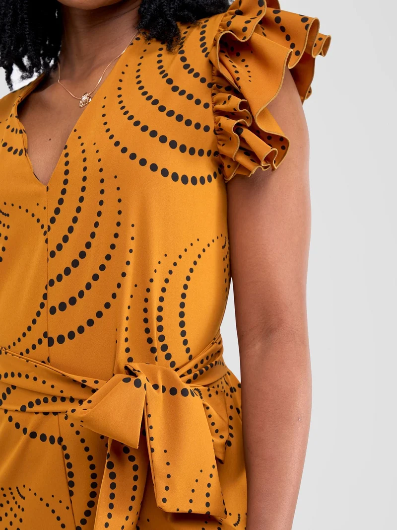 Vivo Nasinka Ruffle Sleeve Jumpsuit - Dark Mustard / Black Sinka Print