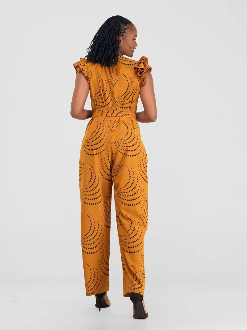 Vivo Nasinka Ruffle Sleeve Jumpsuit - Dark Mustard / Black Sinka Print