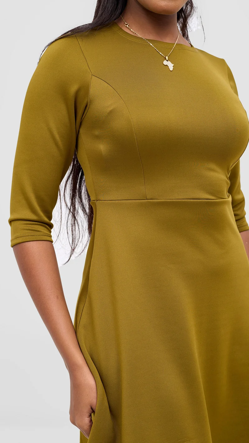 Vivo Diella 3/4 Sleeve A-Line Dress - Dark Olive