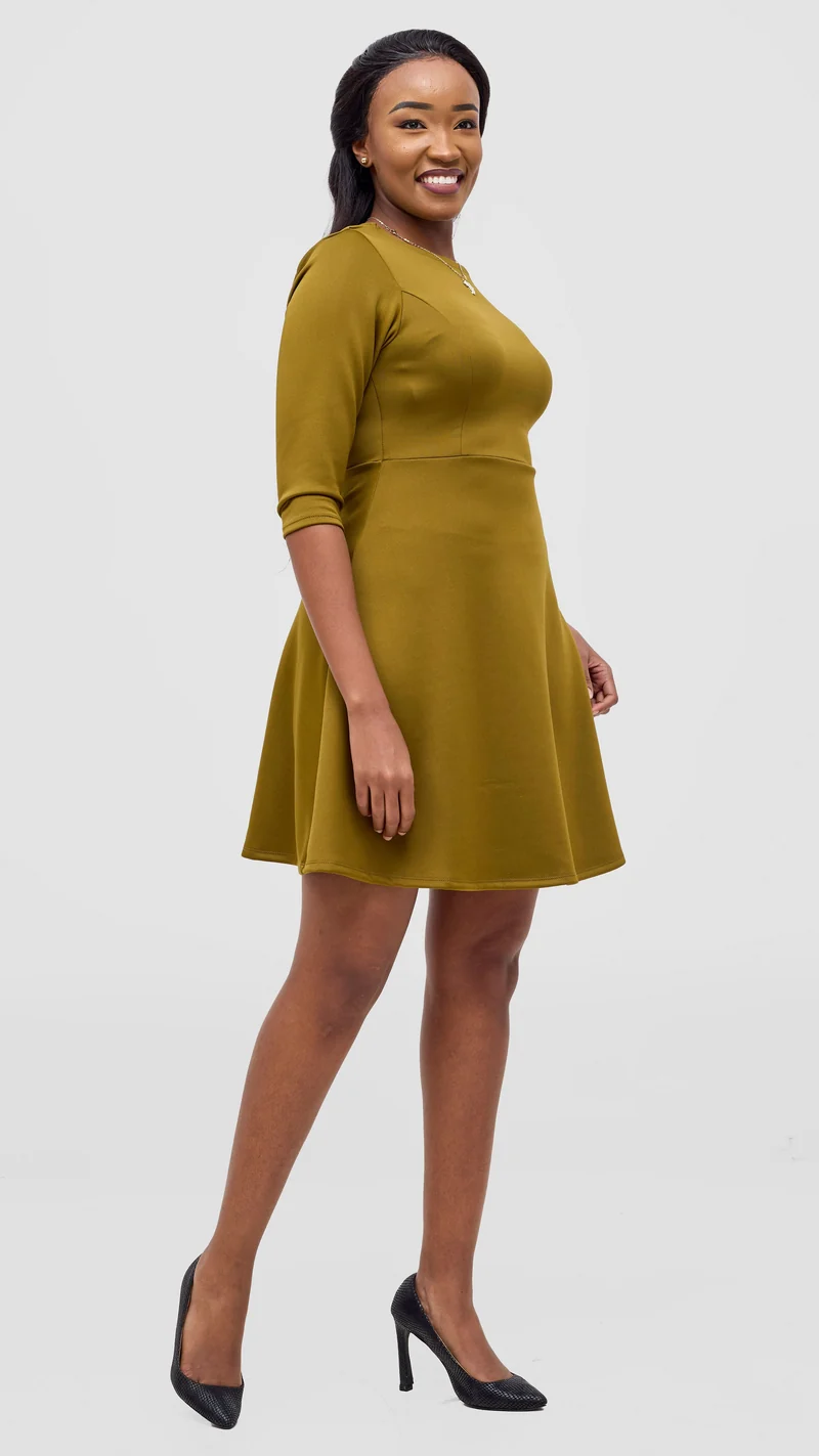 Vivo Diella 3/4 Sleeve A-Line Dress - Dark Olive