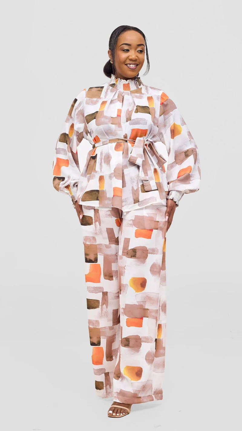 Vivo Ayah Bishop Sleeve Mock Neck Top - Taupe / Orange Zani Print