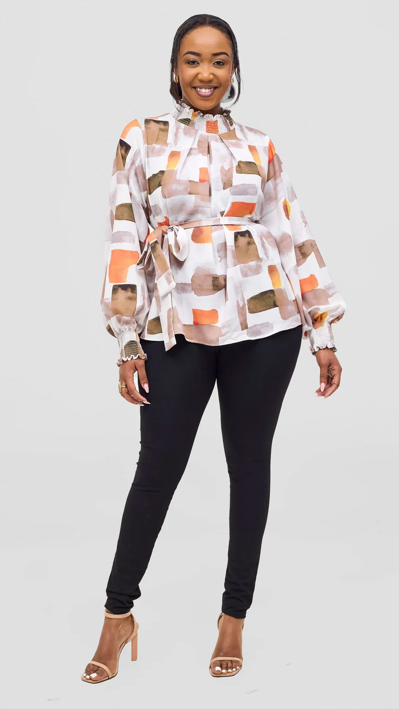 Vivo Ayah Bishop Sleeve Mock Neck Top - Taupe / Orange Zani Print