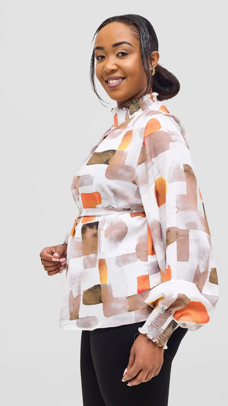 Vivo Ayah Bishop Sleeve Mock Neck Top - Taupe / Orange Zani Print