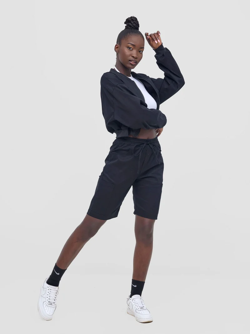 Zoya Nia Crop Bomber Jacket - Black