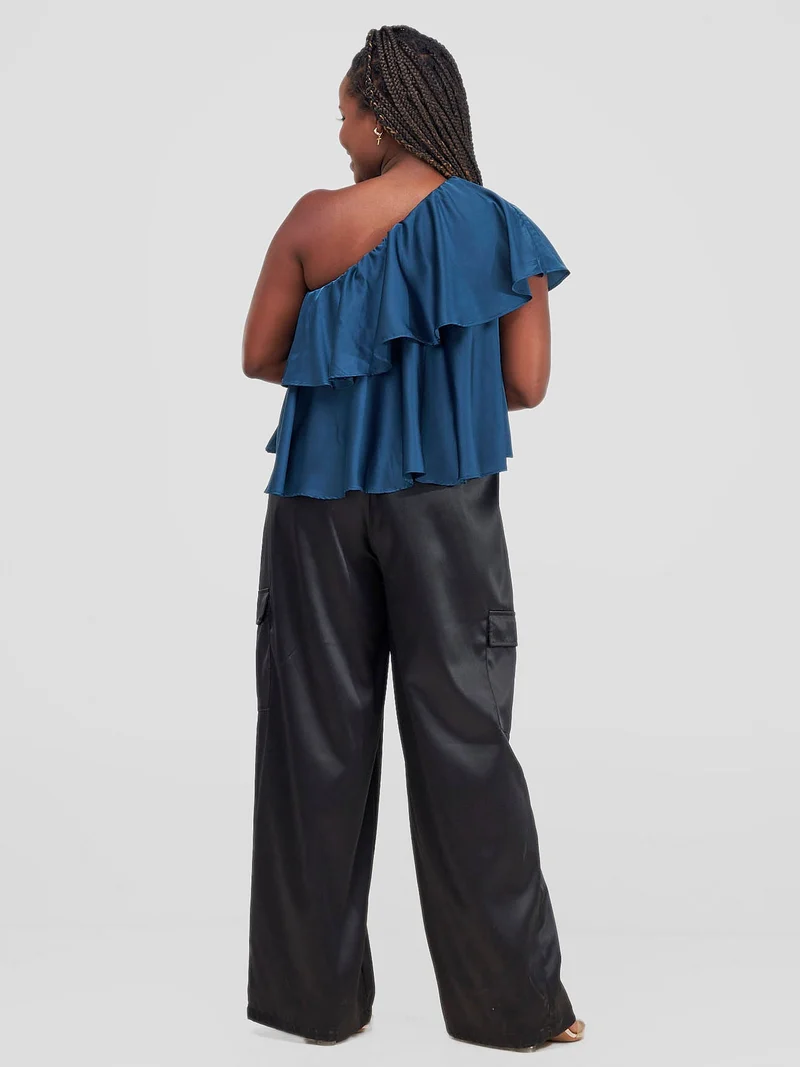 Zoya Naya One Shoulder Flounce Satin Crop Top - Teal