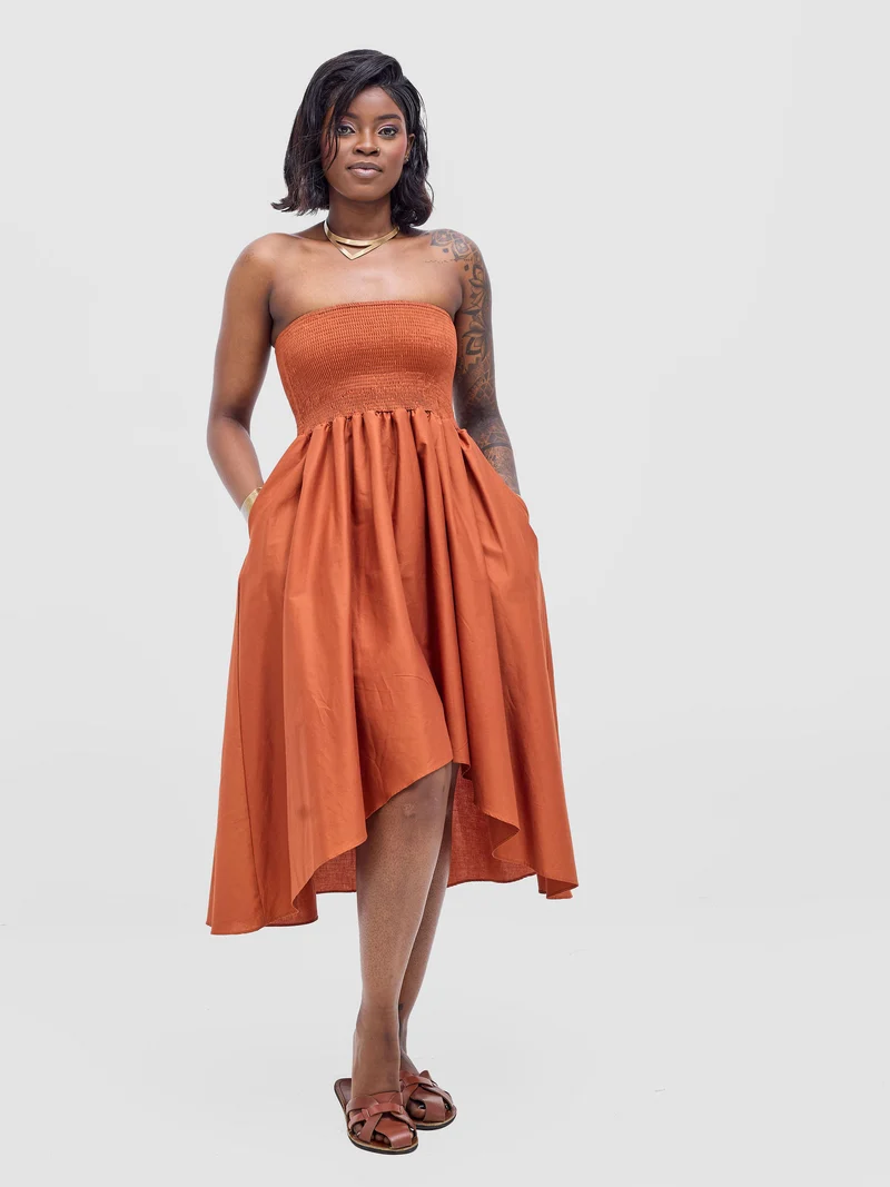 Safari by Vivo Tiwa Shirred Midi Dress - Rust