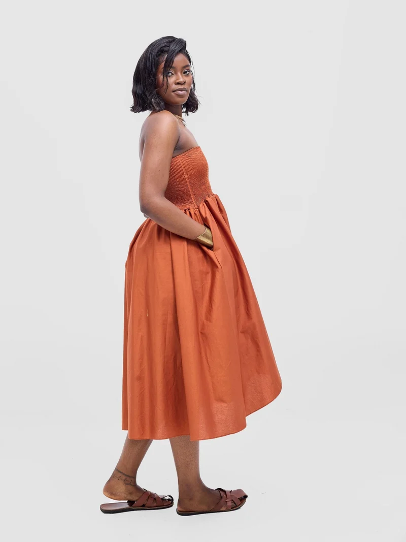 Safari by Vivo Tiwa Shirred Midi Dress - Rust