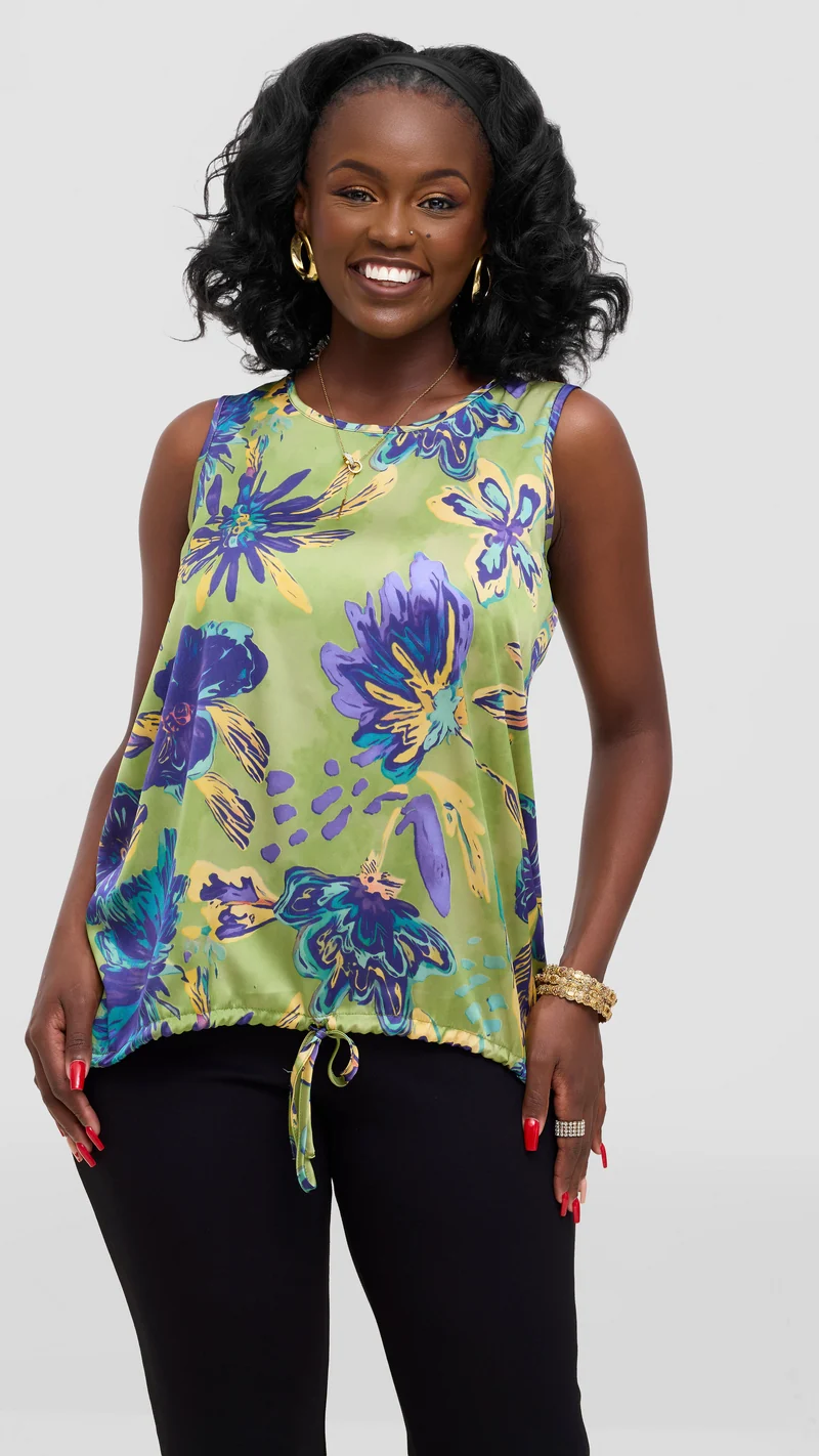 Vivo Liora Sleeveless Drawstring Top In Satin - Olive / Purple Print